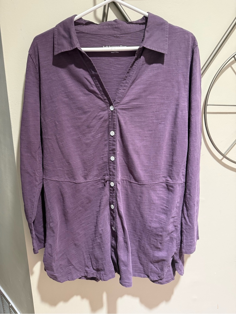Soft Surroundings Purple Cotton Slub V-Neck Button-Front Tunic Top Medium